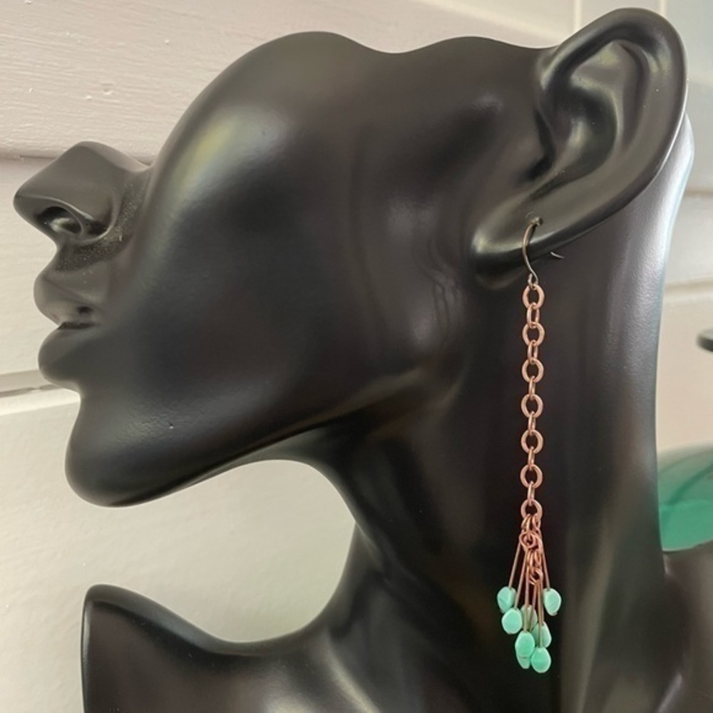 2/$29 Handmade Long Czech Glass Copper Dangle Earrings 3.75” Blue Green - Picture 4 of 4
